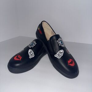 Liliana Black Vegan Leather Loafers With Pop Art Patches Slip-on Loafers Sz 9